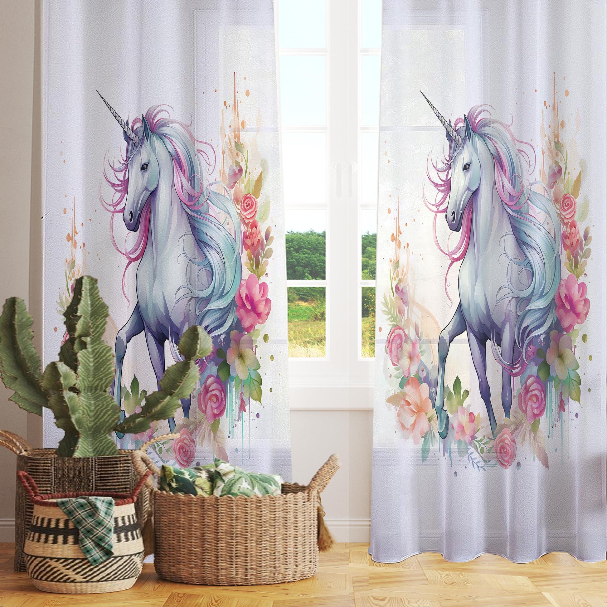 Unicorn Curtains Flower Sheer Curtain for Girls Room, Lightweight Animal Floral Nursery Net Voile, Kids Room Window Drapes, Machine Washable