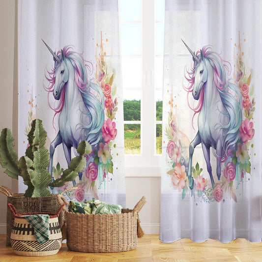 Unicorn Curtains Flower Sheer Curtain for Girls Room, Lightweight Animal Floral Nursery Net Voile, Kids Room Window Drapes, Machine Washable