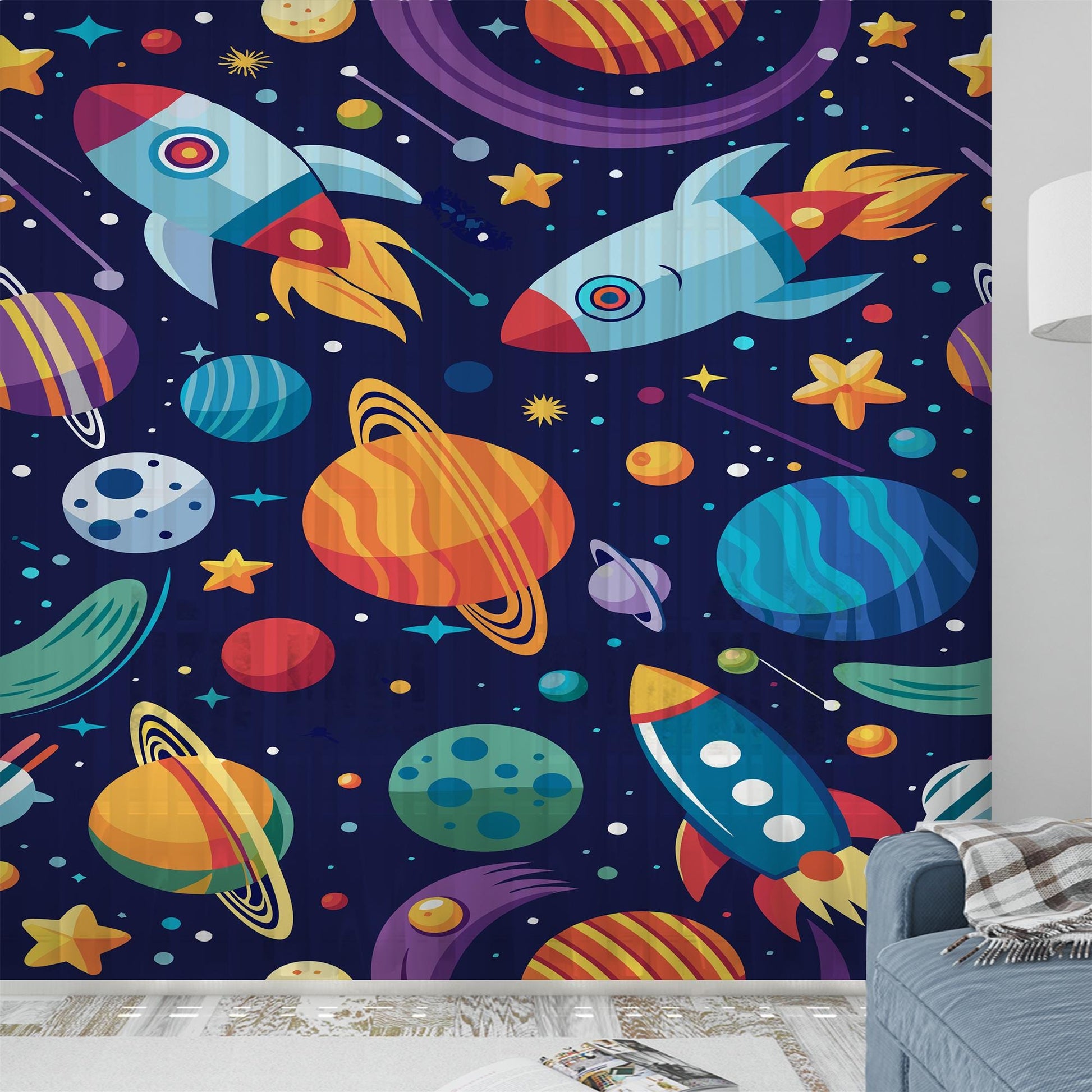 Galaxy Rocket Planets Sheer Curtain for Kids Room, Lightweight Space Stars Nursery Net Voile, Kids Room Window Drapes, Machine Washable