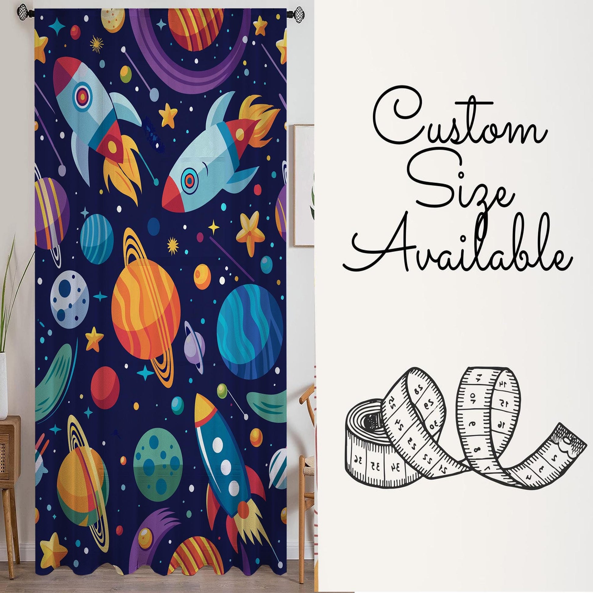 Galaxy Rocket Planets Sheer Curtain for Kids Room, Lightweight Space Stars Nursery Net Voile, Kids Room Window Drapes, Machine Washable
