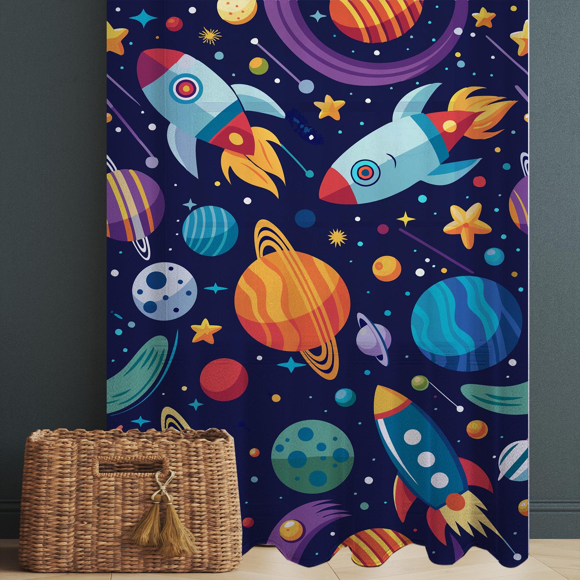 Galaxy Rocket Planets Sheer Curtain for Kids Room, Lightweight Space Stars Nursery Net Voile, Kids Room Window Drapes, Machine Washable