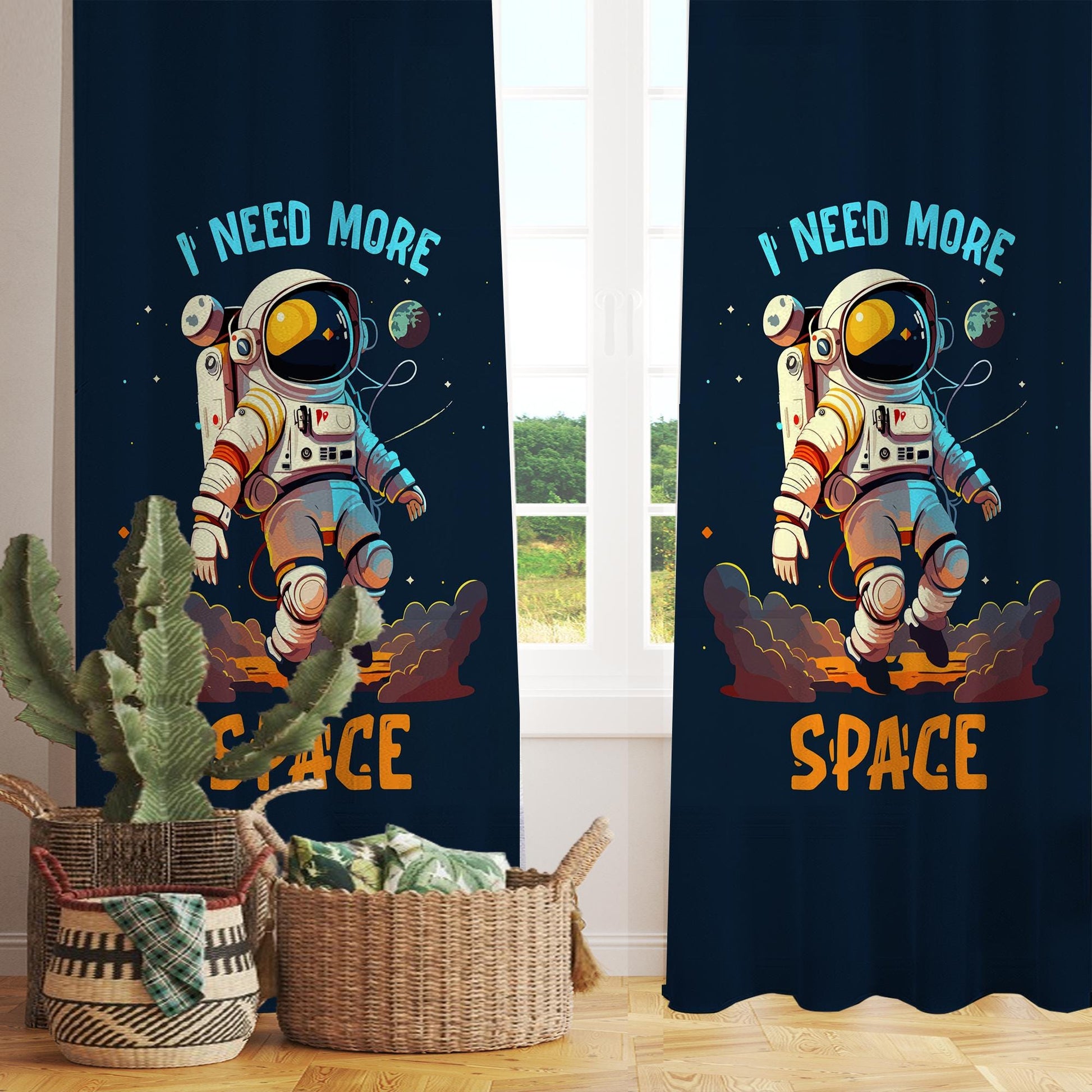 Astronaut Sheer Curtain for Kids Room, Lightweight Space Nursery Net Voile, Kids Room Window Drapes, Machine Washable