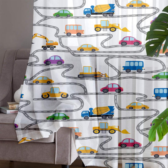 Construction Equipment Sheer Curtain for Kids Room, Lightweight Road Car Nursery Net Voile, Kids Room Window Drapes, Machine Washable