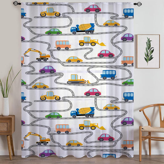 Construction Equipment Sheer Curtain for Kids Room, Lightweight Road Car Nursery Net Voile, Kids Room Window Drapes, Machine Washable