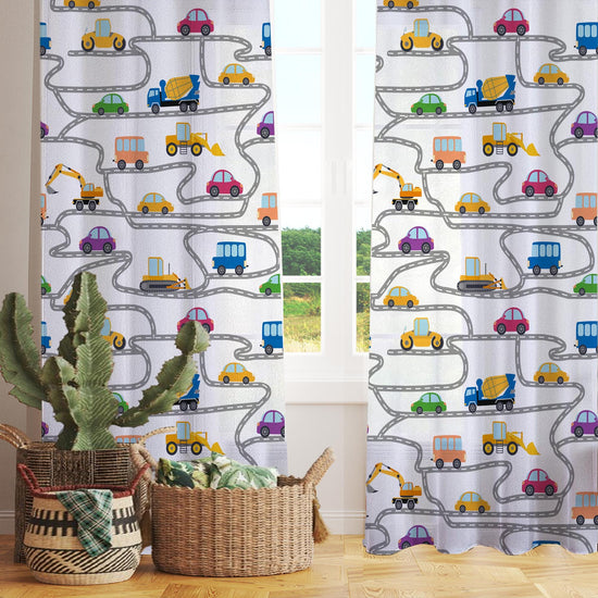 Construction Equipment Sheer Curtain for Kids Room, Lightweight Road Car Nursery Net Voile, Kids Room Window Drapes, Machine Washable