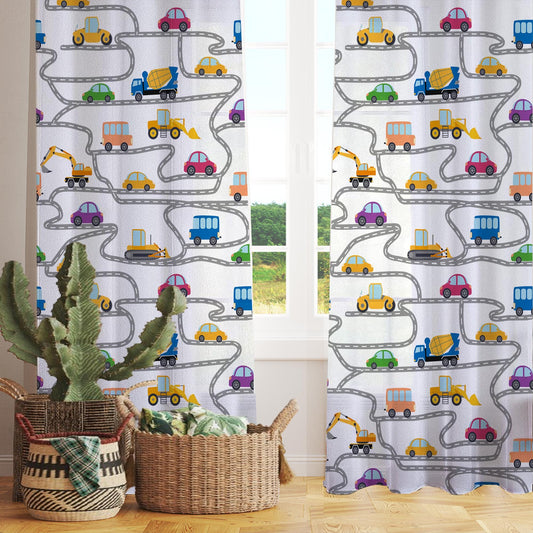 Construction Equipment Sheer Curtain for Kids Room, Lightweight Road Car Nursery Net Voile, Kids Room Window Drapes, Machine Washable