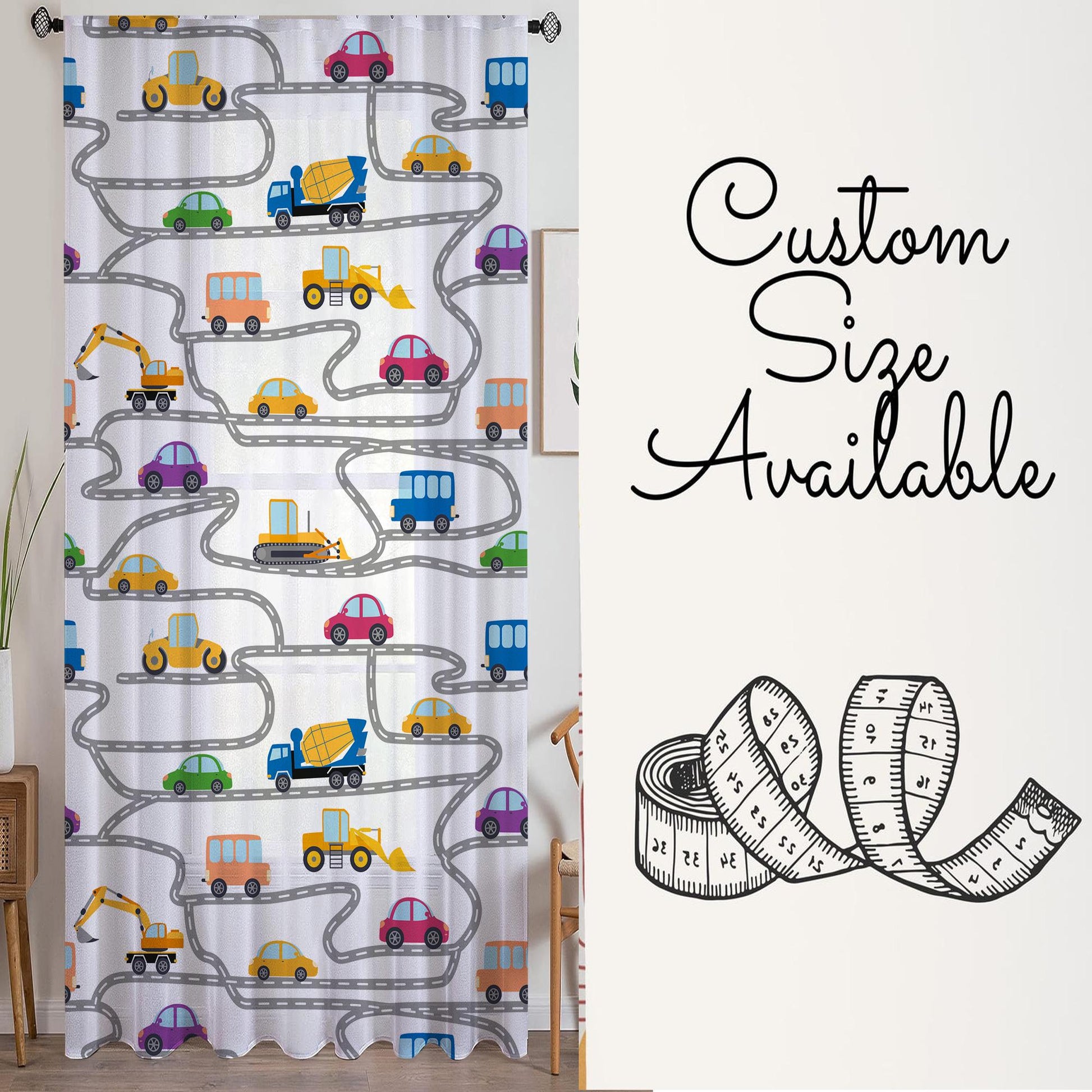 Construction Equipment Sheer Curtain for Kids Room, Lightweight Road Car Nursery Net Voile, Kids Room Window Drapes, Machine Washable