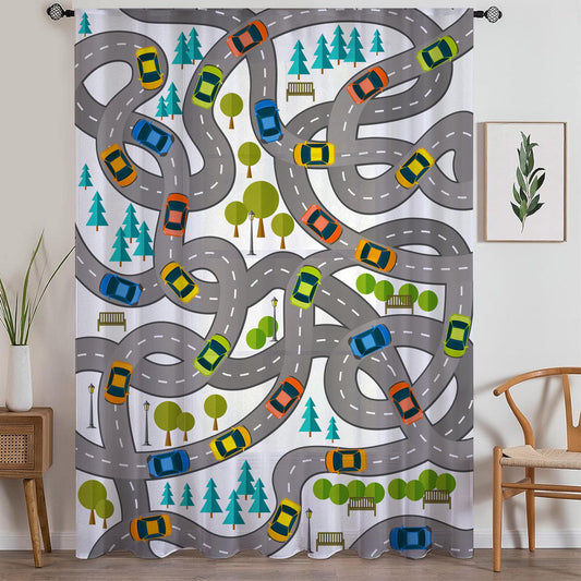 City Road Map Sheer Curtain for Kids Room, Lightweight Traffic Car Nursery Net Voile, Kids Room Window Drapes, Machine Washable
