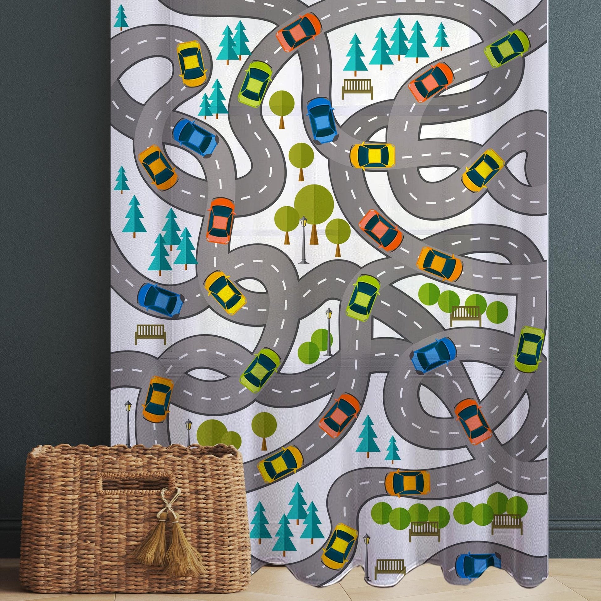City Road Map Sheer Curtain for Kids Room, Lightweight Traffic Car Nursery Net Voile, Kids Room Window Drapes, Machine Washable