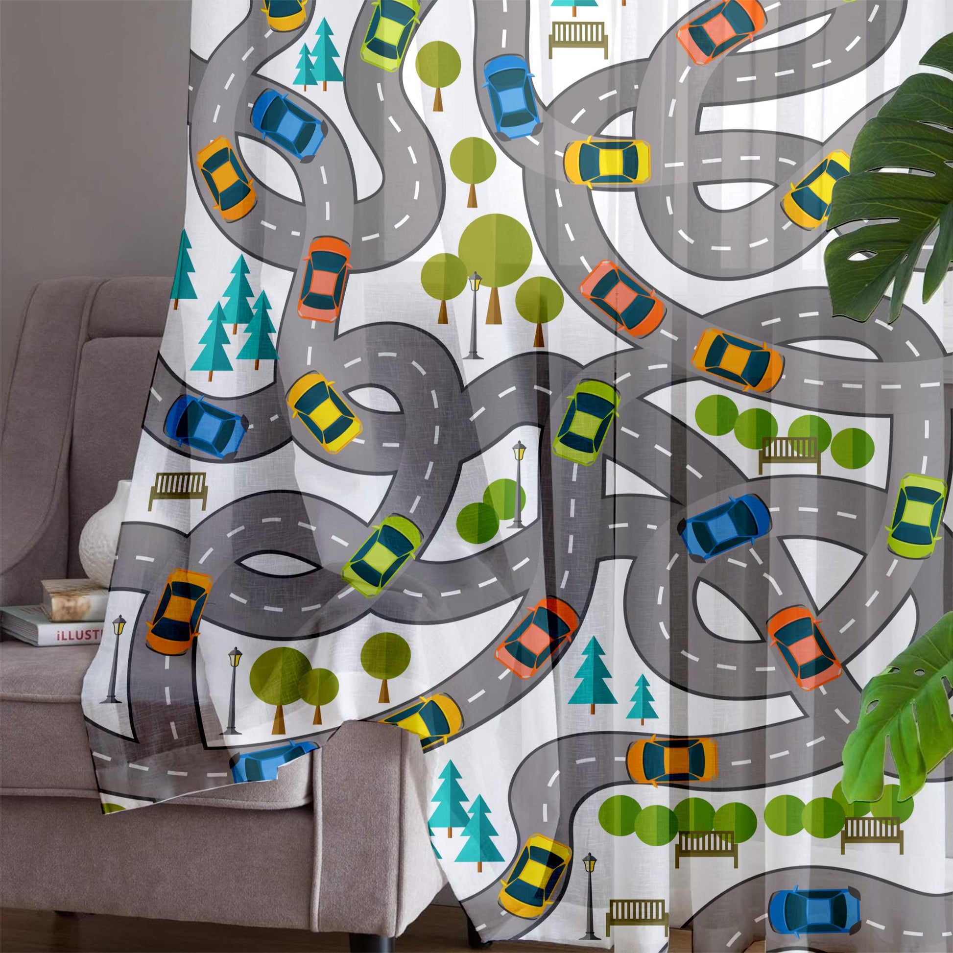 City Road Map Sheer Curtain for Kids Room, Lightweight Traffic Car Nursery Net Voile, Kids Room Window Drapes, Machine Washable