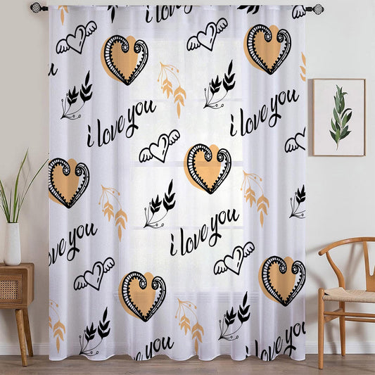 I love you Sheer Curtain for Kids Room, Lightweight Hearts Nursery Net Voile, Kids Room Window Drapes, Machine Washable
