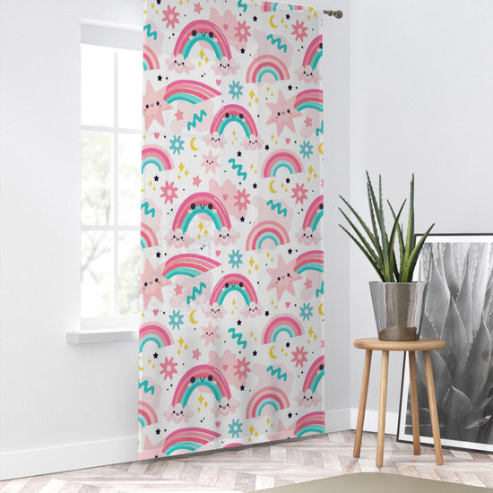 Cute Pink Rainbow Star Sheer Curtain for Girls Kids Room, Lightweight Stars Nursery Net Voile, Kids Room Window Drapes, Machine Washable