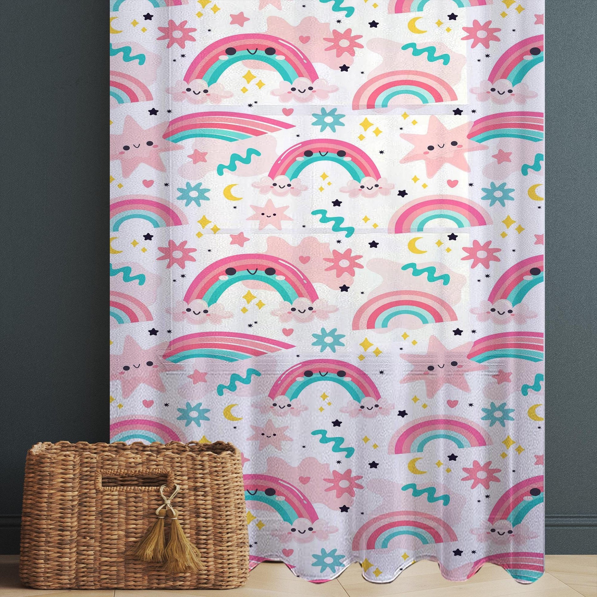 Cute Pink Rainbow Star Sheer Curtain for Girls Kids Room, Lightweight Stars Nursery Net Voile, Kids Room Window Drapes, Machine Washable