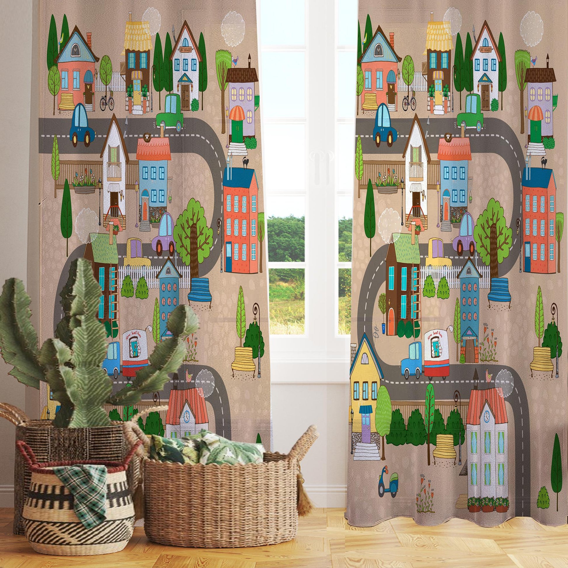 Houses Road Town Map Sheer Curtain for Girls Kids Room, Lightweight  Nursery Net Voile, Kids Room Window Drapes, Machine Washable