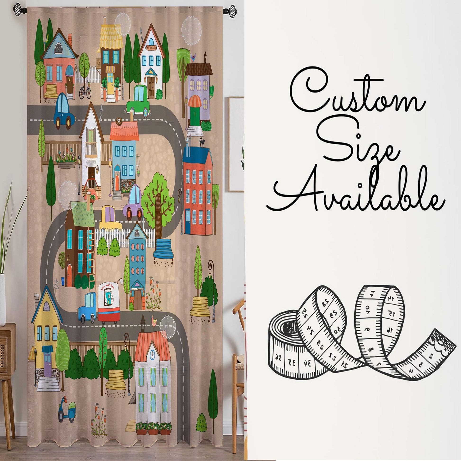 Houses Road Town Map Sheer Curtain for Girls Kids Room, Lightweight  Nursery Net Voile, Kids Room Window Drapes, Machine Washable