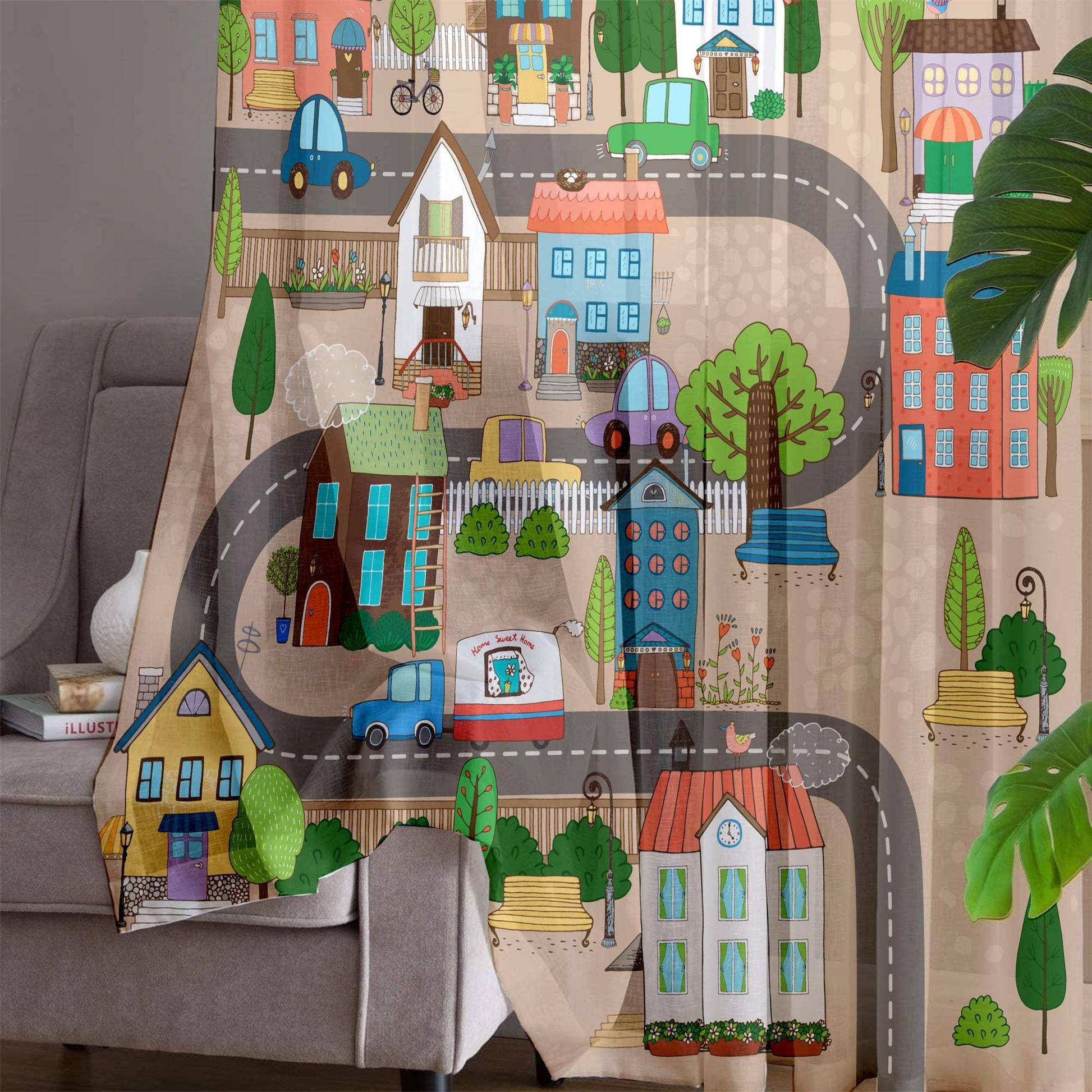 Houses Road Town Map Sheer Curtain for Girls Kids Room, Lightweight  Nursery Net Voile, Kids Room Window Drapes, Machine Washable