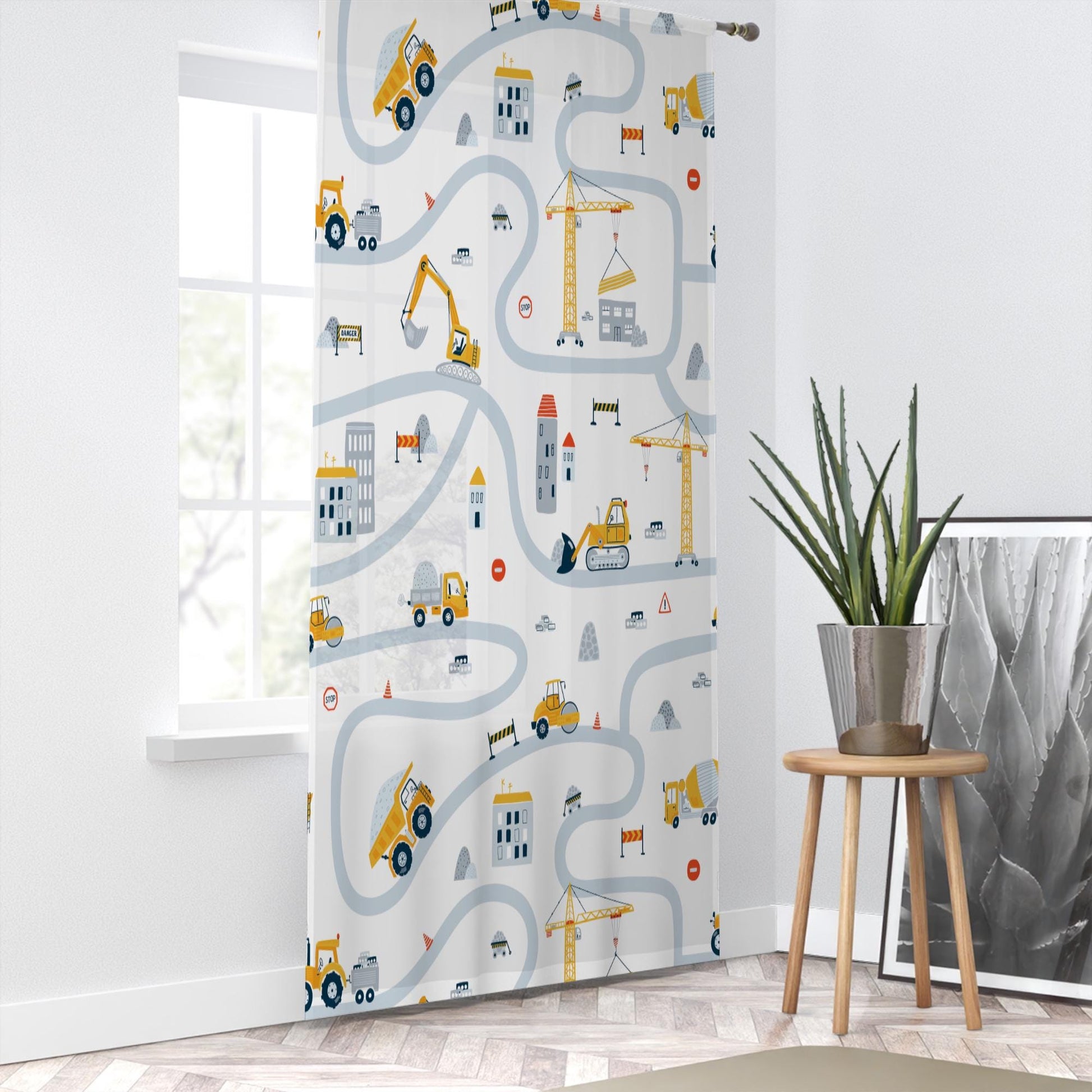 Construction Equipment Sheer Curtain for Boys Kids Room, Lightweight  Nursery Net Voile, Kids Room Window Drapes, Machine Washable