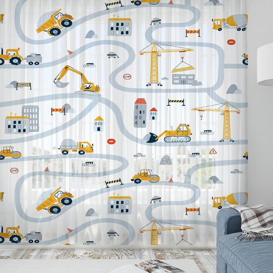 Construction Equipment Sheer Curtain for Boys Kids Room, Lightweight  Nursery Net Voile, Kids Room Window Drapes, Machine Washable