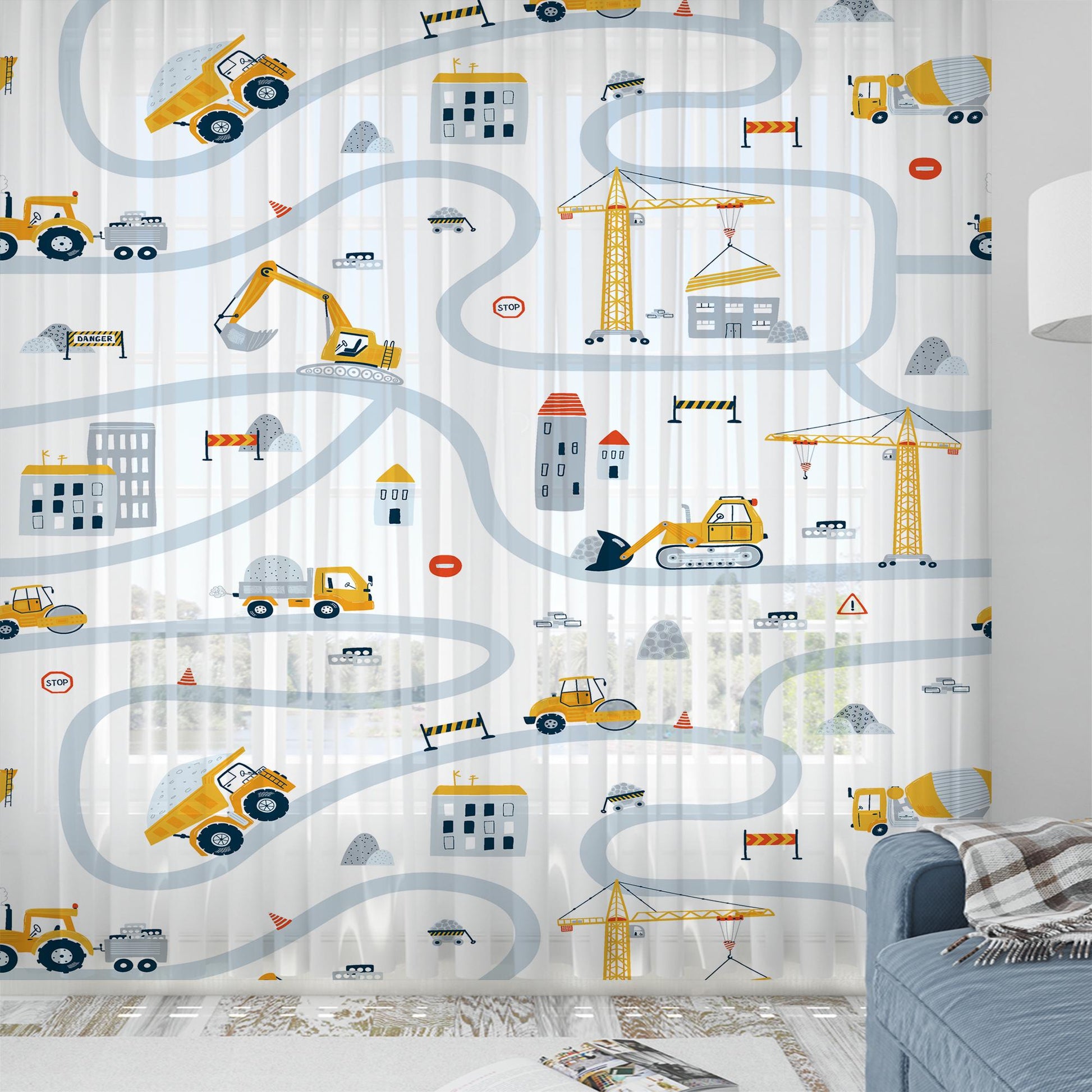 Construction Equipment Sheer Curtain for Boys Kids Room, Lightweight  Nursery Net Voile, Kids Room Window Drapes, Machine Washable
