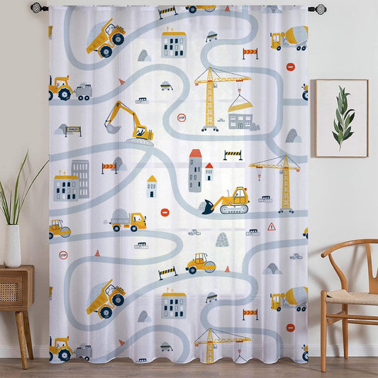 Construction Equipment Sheer Curtain for Boys Kids Room, Lightweight  Nursery Net Voile, Kids Room Window Drapes, Machine Washable