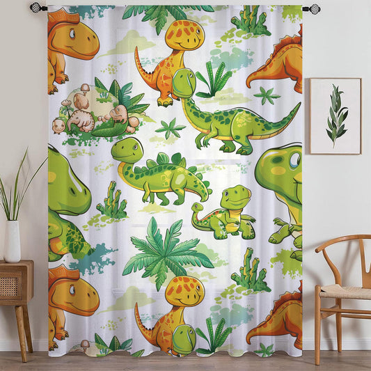 Dinosaur Sheer Curtain for Kids Room, Lightweight Green Orange Dino Jurassic Nursery Net Voile, Kids Room Window Drapes, Machine Washable