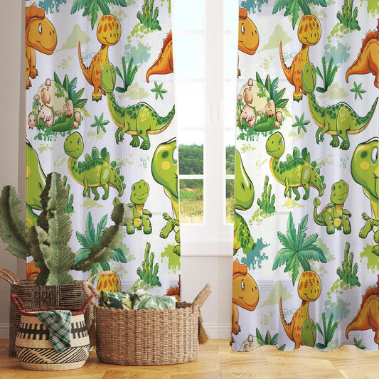 Dinosaur Sheer Curtain for Kids Room, Lightweight Green Orange Dino Jurassic Nursery Net Voile, Kids Room Window Drapes, Machine Washable