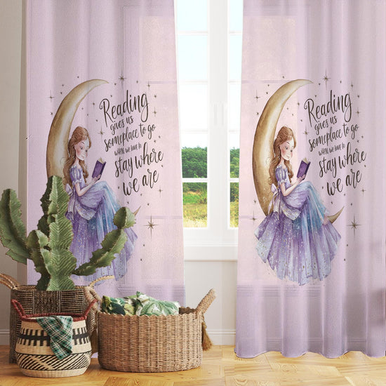 Reading Book Girls on Moon Sheer Curtain for Kids Room, Lightweight Purple Pink Nursery Net Voile, Kids Room Window Drapes, Machine Washable