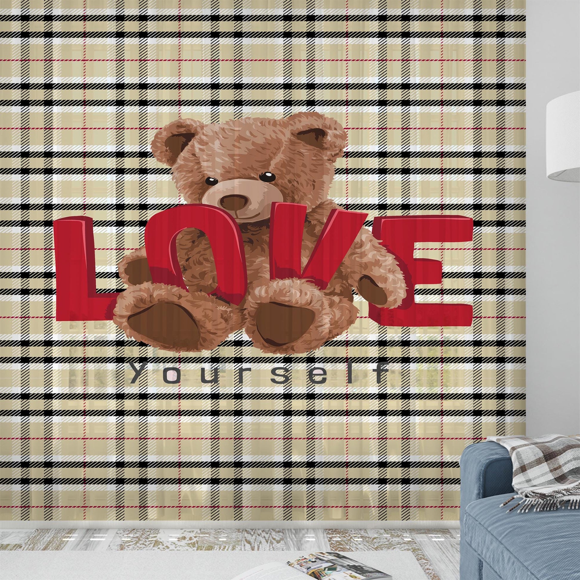 Cute Bear Sheer Curtain for Kids Room, Lightweight  Love Hearts Nursery Net Voile, Kids Room Window Drapes, Machine Washable