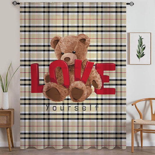 Cute Bear Sheer Curtain for Kids Room, Lightweight  Love Hearts Nursery Net Voile, Kids Room Window Drapes, Machine Washable