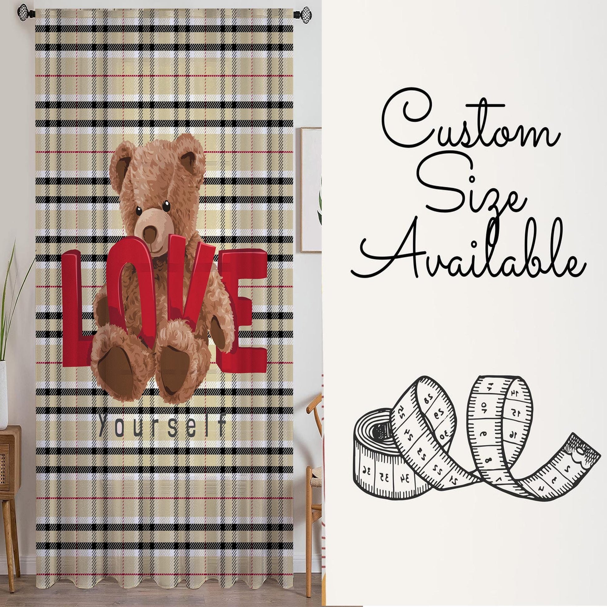 Cute Bear Sheer Curtain for Kids Room, Lightweight  Love Hearts Nursery Net Voile, Kids Room Window Drapes, Machine Washable