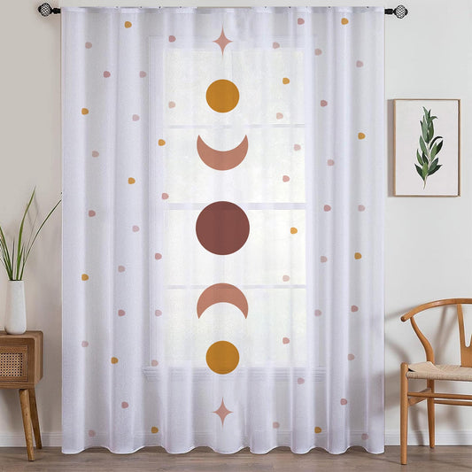 Boho Moons Sheer Curtain for Kids Room, Lightweight Polka Dots Nursery Net Voile, Kids Room Window Drapes, Machine Washable