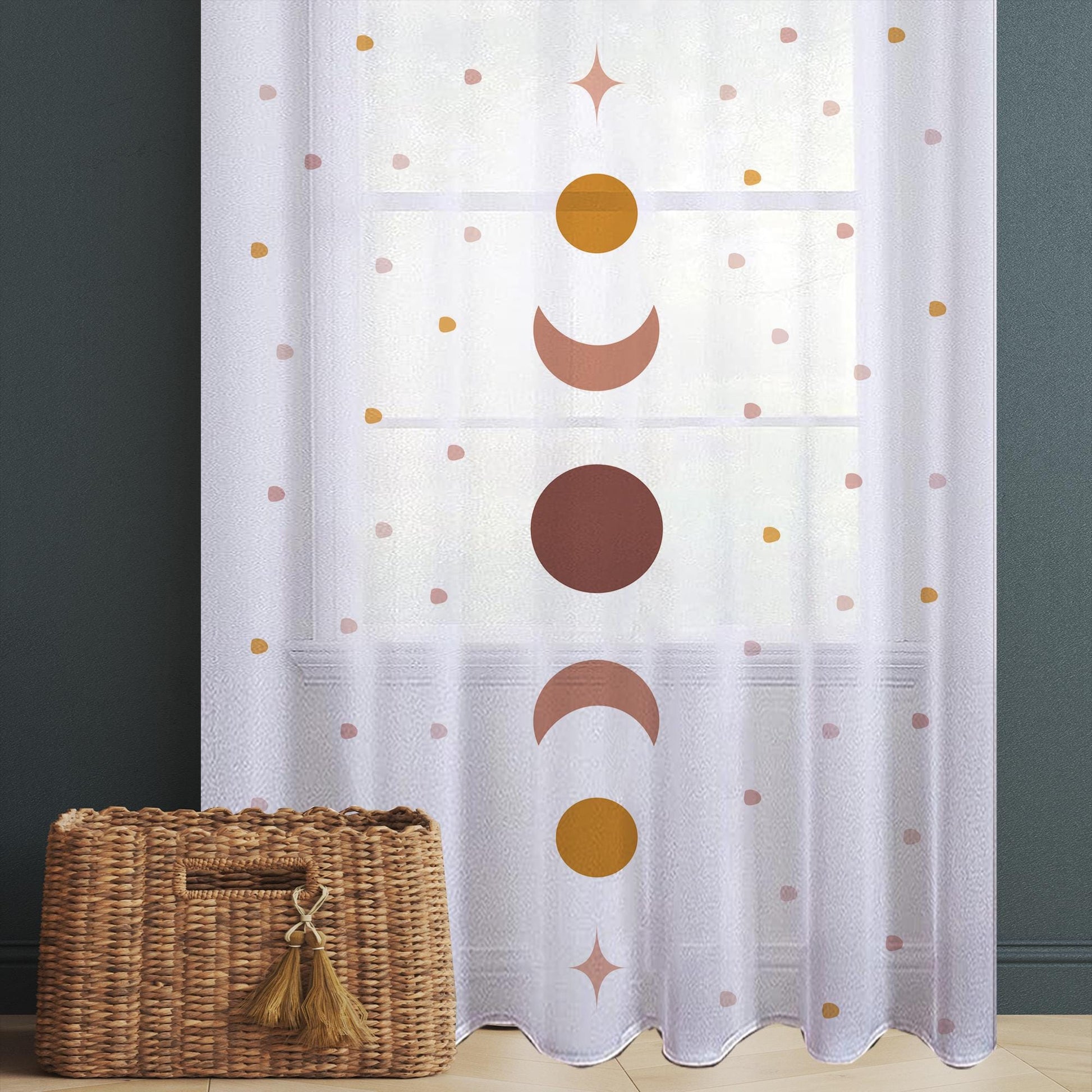 Boho Moons Sheer Curtain for Kids Room, Lightweight Polka Dots Nursery Net Voile, Kids Room Window Drapes, Machine Washable