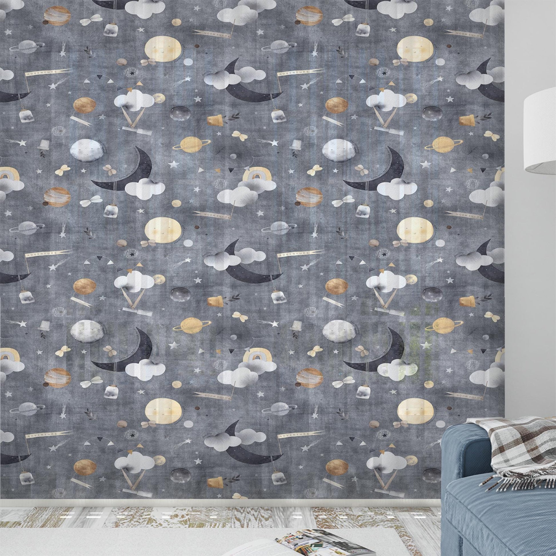 Gray Moon Sheer Curtain for Kids Room, Lightweight Clouds Stars Nursery Net Voile, Kids Room Window Drapes, Machine Washable
