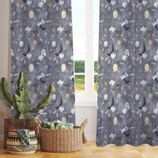 Gray Moon Sheer Curtain for Kids Room, Lightweight Clouds Stars Nursery Net Voile, Kids Room Window Drapes, Machine Washable