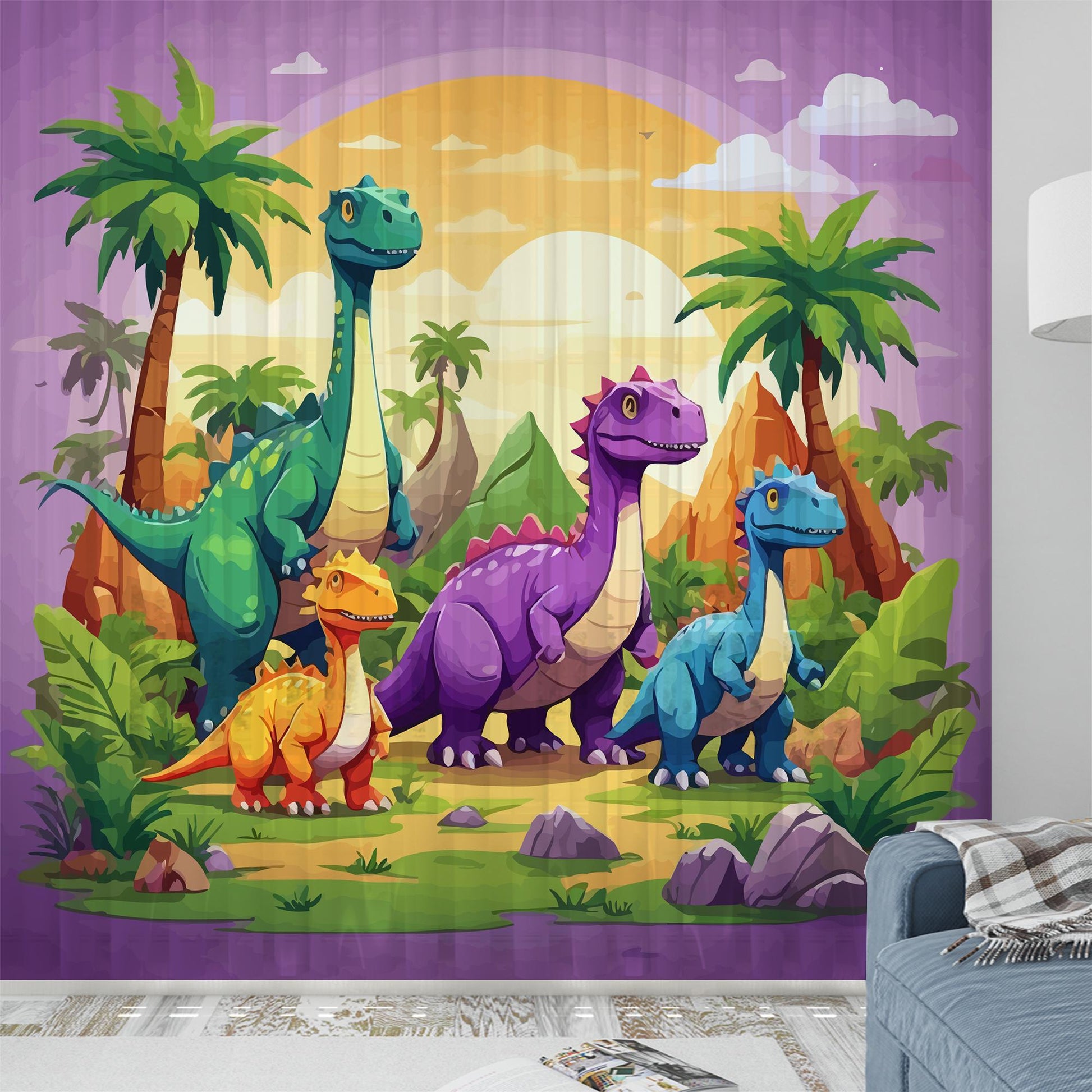 Colorful Dinosaur Forest Sheer Curtain for Kids Room, Lightweight Jurassic Theme Nursery Net Voile, Kids Room Window Drapes