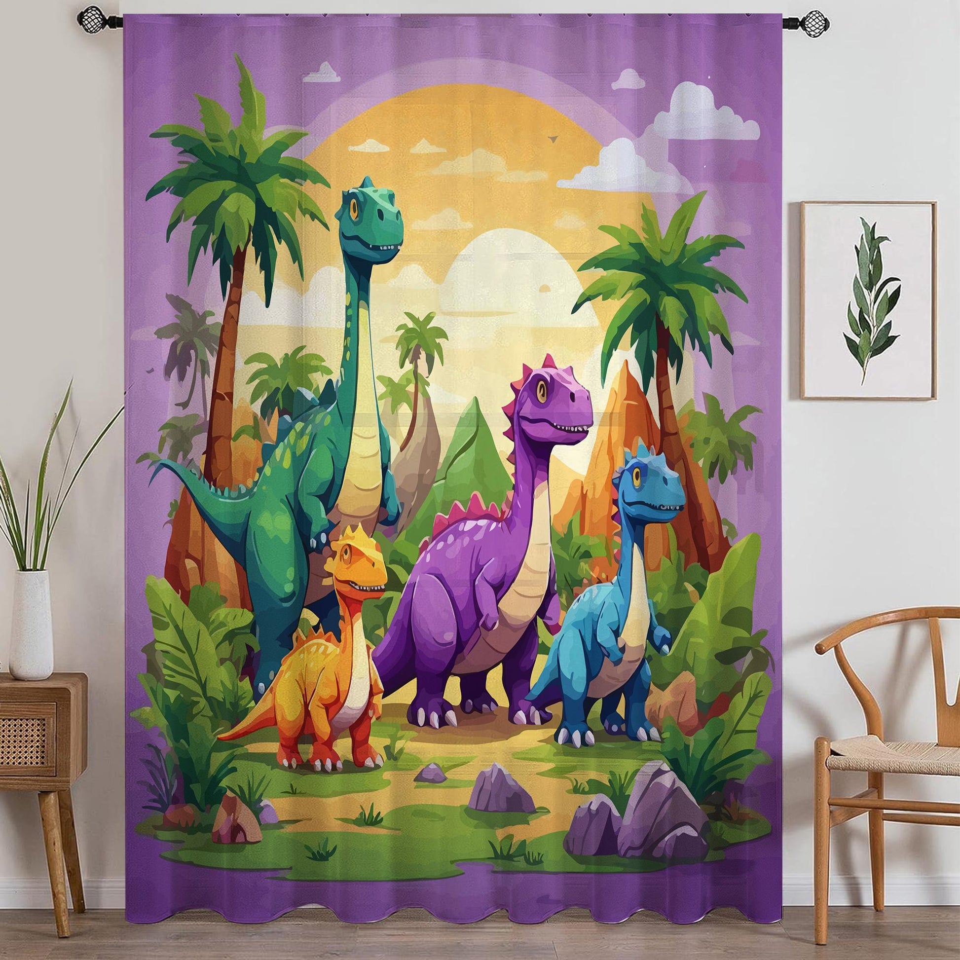 Colorful Dinosaur Forest Sheer Curtain for Kids Room, Lightweight Jurassic Theme Nursery Net Voile, Kids Room Window Drapes