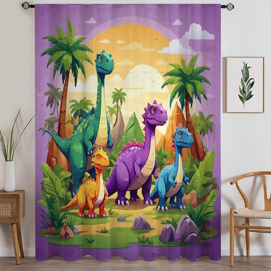 Colorful Dinosaur Forest Sheer Curtain for Kids Room, Lightweight Jurassic Theme Nursery Net Voile, Kids Room Window Drapes