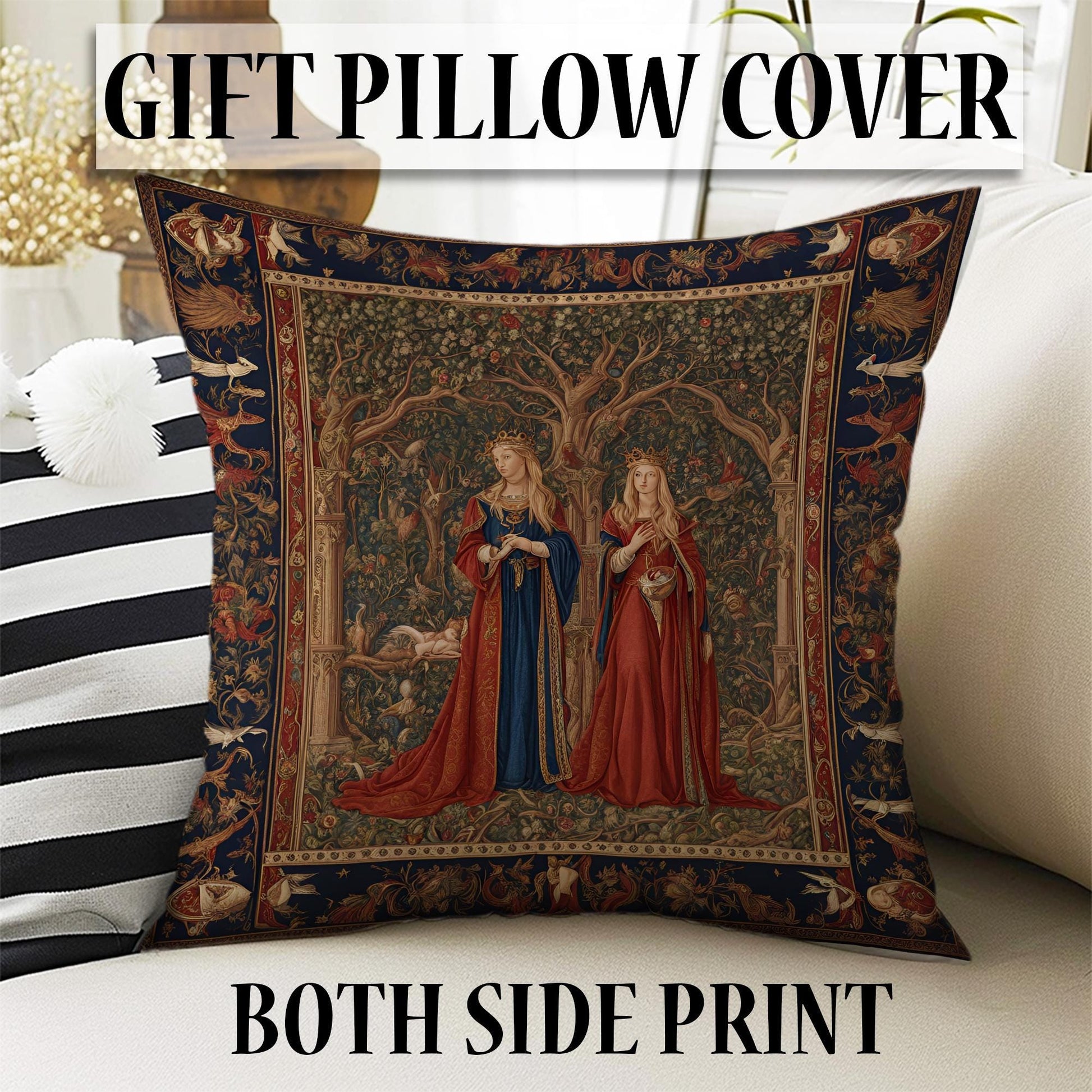 Medieval Princess Tapestry Wall Hanging - 15th Century French Vintage Decor, Red Mythical Artwork Gift, Enchanting Historical Textile
