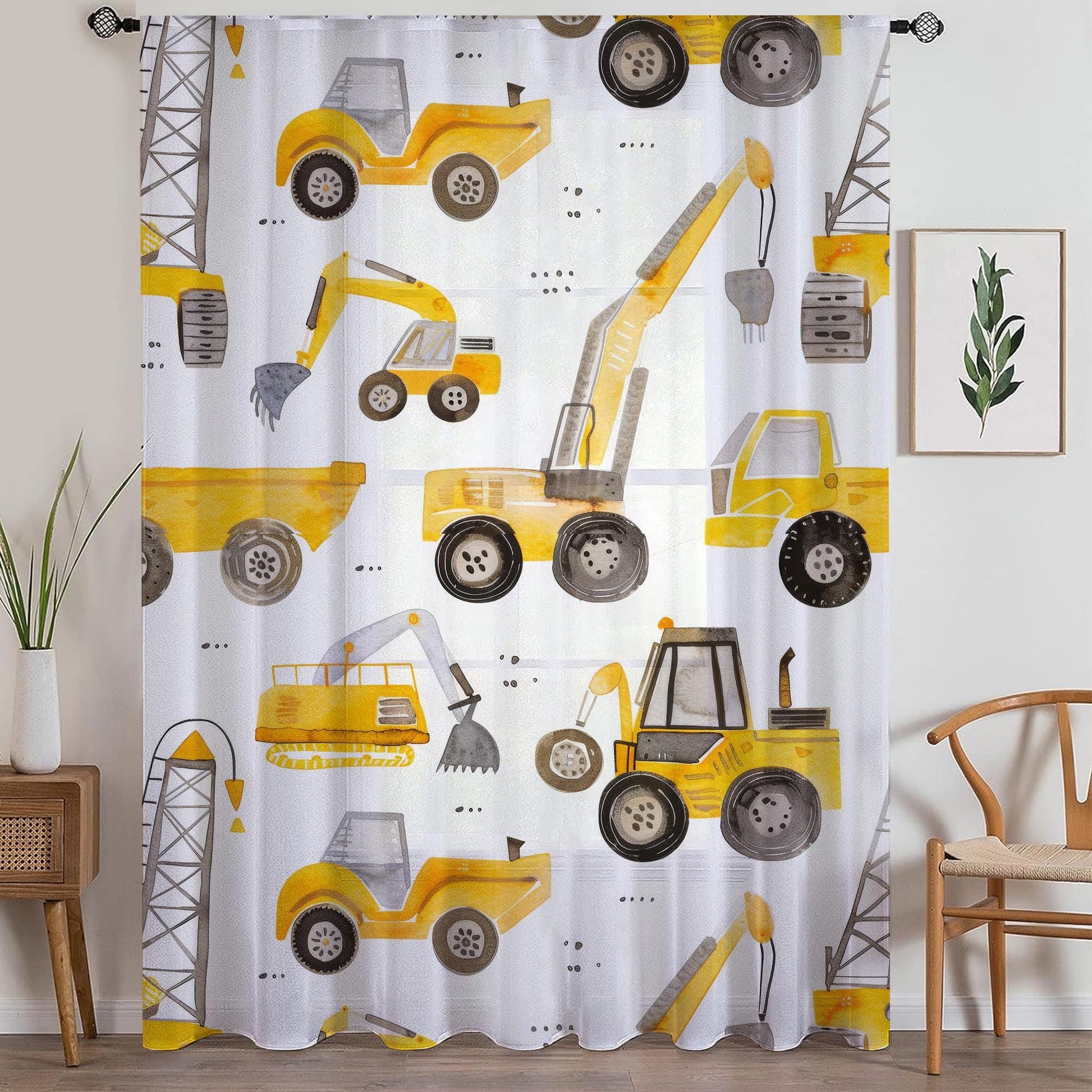 Yellow Construction Equipment Sheer Curtain for Kids Room, Lightweight Bulldozer Truck Nursery Net Voile, Kids Room Window Drapes