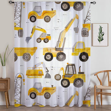 Yellow Construction Equipment Sheer Curtain for Kids Room, Lightweight Bulldozer Truck Nursery Net Voile, Kids Room Window Drapes
