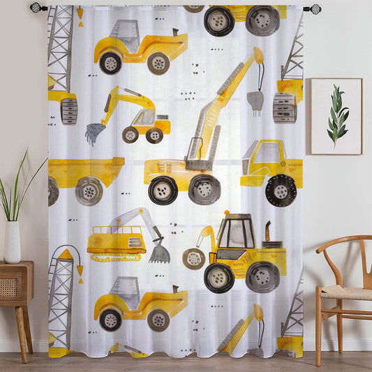 Yellow Construction Equipment Sheer Curtain for Kids Room, Lightweight Bulldozer Truck Nursery Net Voile, Kids Room Window Drapes