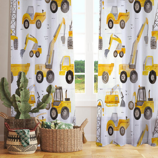 Yellow Construction Equipment Sheer Curtain for Kids Room, Lightweight Bulldozer Truck Nursery Net Voile, Kids Room Window Drapes