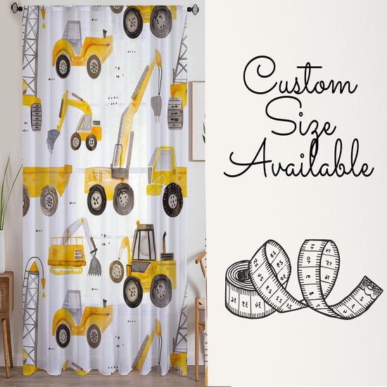Yellow Construction Equipment Sheer Curtain for Kids Room, Lightweight Bulldozer Truck Nursery Net Voile, Kids Room Window Drapes