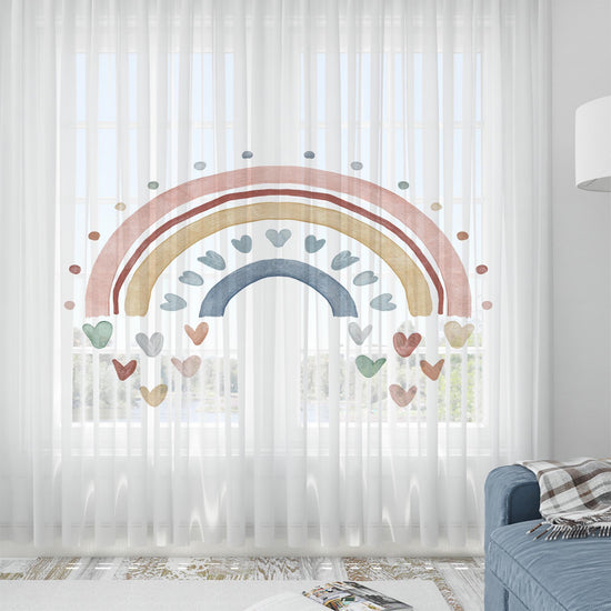 Boho Hearts Rainbow Sheer Curtain for Kids Room, Lightweight Pastel Color Baby Nursery Net Voile, Kids Room Window Drapes