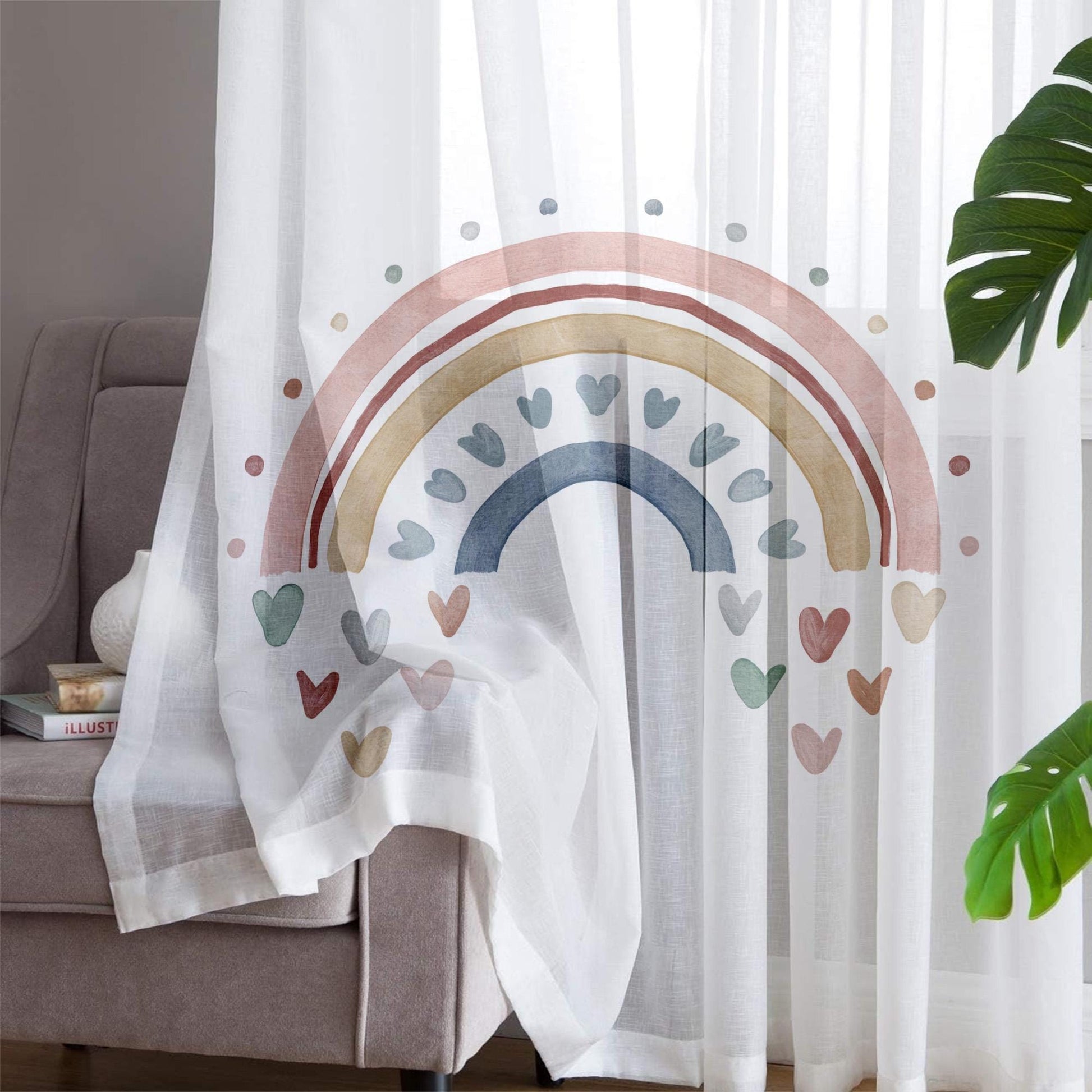 Boho Hearts Rainbow Sheer Curtain for Kids Room, Lightweight Pastel Color Baby Nursery Net Voile, Kids Room Window Drapes