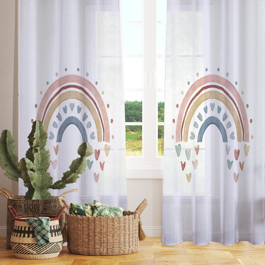 Boho Hearts Rainbow Sheer Curtain for Kids Room, Lightweight Pastel Color Baby Nursery Net Voile, Kids Room Window Drapes