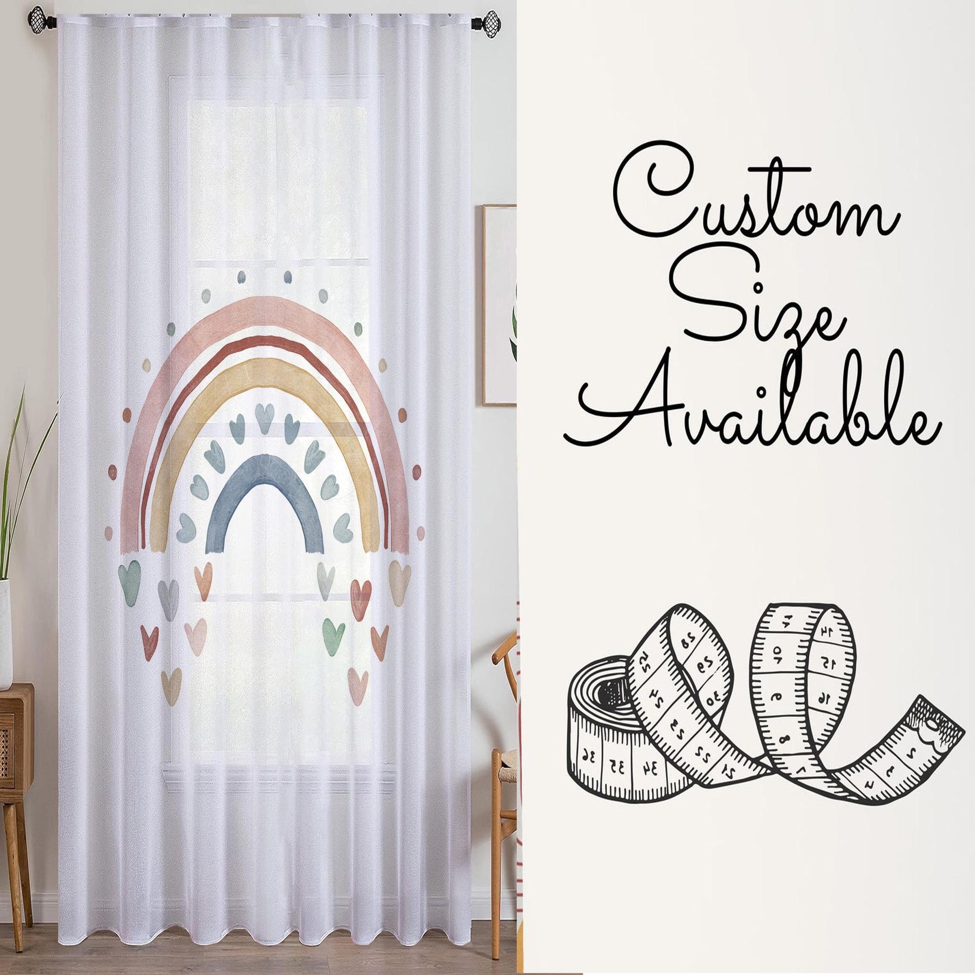 Boho Hearts Rainbow Sheer Curtain for Kids Room, Lightweight Pastel Color Baby Nursery Net Voile, Kids Room Window Drapes