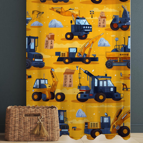 Yellow Construction Equipment  Sheer Curtain for Kids Room, Lightweight Work Machine Nursery Net Voile, Kids Room Window Drapes
