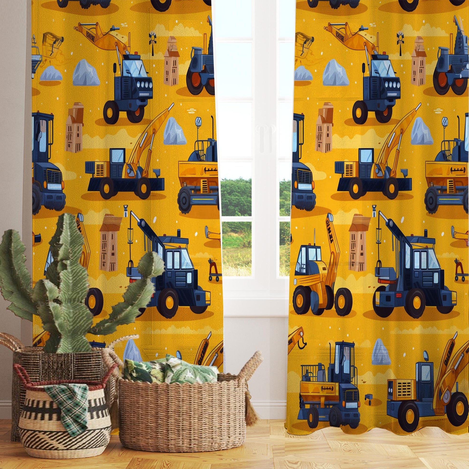 Yellow Construction Equipment  Sheer Curtain for Kids Room, Lightweight Work Machine Nursery Net Voile, Kids Room Window Drapes