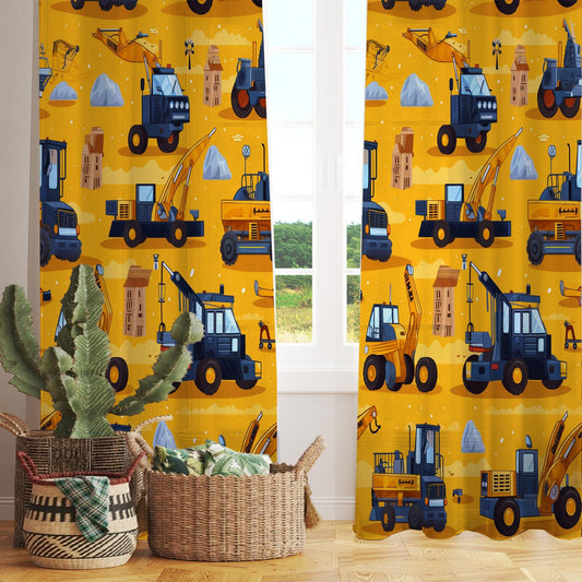 Yellow Construction Equipment  Sheer Curtain for Kids Room, Lightweight Work Machine Nursery Net Voile, Kids Room Window Drapes